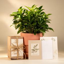 Combo de regalo con planta de interior, maceta decorativa y tarjeta personalizada, listo para entregar