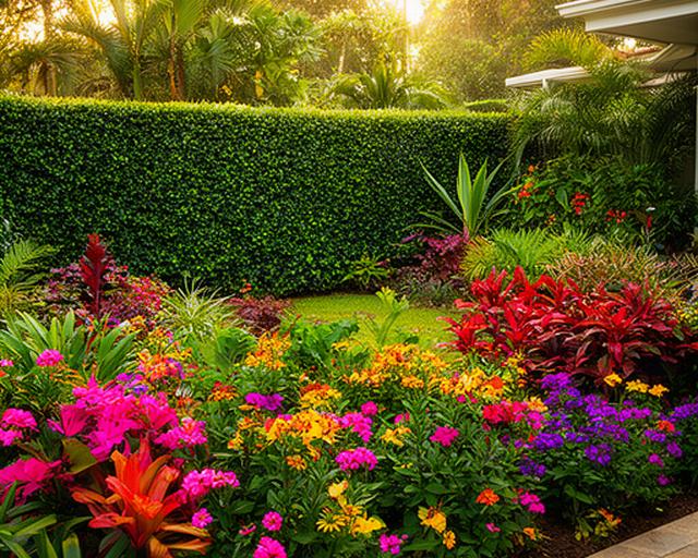 Jardín exterior frondoso con plantas ornamentales, cercos vivos y flores coloridas adaptadas al clima subtropical de Misiones