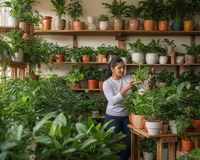 Interior del vivero Novak Plantas en Oberá, con estanterías llenas de plantas de interior y exterior, macetas y una persona del equipo revisando el follaje
