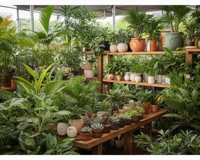 Variedad de plantas de interior y exterior en el vivero de Oberá, Misiones, con follaje verde exuberante y macetas decorativas sobre estanterías de madera